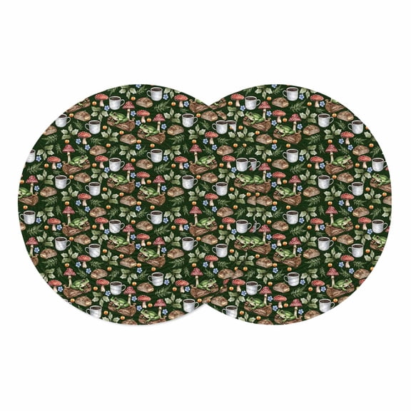 Mushroom Frog Round 13 Inch Placemats Set of 2, Coffee Bread Dark Green Background HeatResistant Non Slip Place Mats for Dining Table, Wipeable Braided Kitchen Table Mats for Housewarming