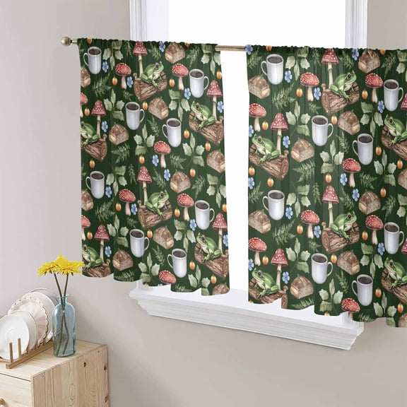 Mushroom Frog Sheer Curtains 54 Inches Length 2 Panels Set, Window Sheer Curtains for Living Room/Bedroom, Coffee Bread Dark Green Background Light Filtering Rod Pocket Curtain 52'' x 54'' x 2