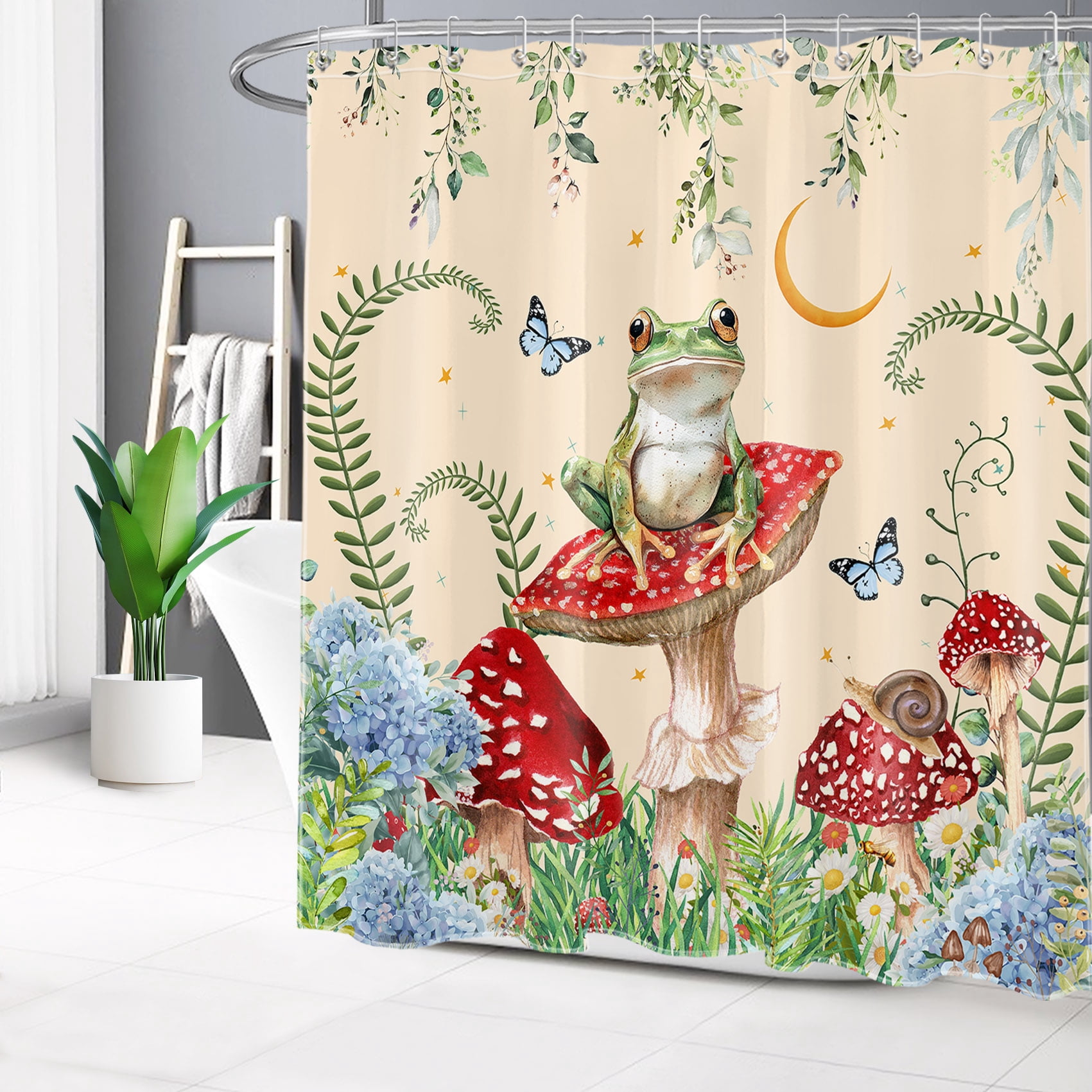 Mushroom Frog Shower Curtain for Bathroom Funny Frog and Red Mushroom