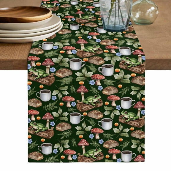 Mushroom Frog Table Runner, Coffee Bread Dark Green Background Washable Cotton Linen Table Runners 36 Inches Long, Dresser Scarf Runner for Nightstand/End Tables/Round Tables 13''x36''
