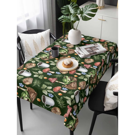 Mushroom Frog Tablecloth Rectangle Table Cloth 60x120, Waterproof Tablecloth Outdoor Table Cloth, Coffee Bread Dark Green Background Washable Table Cover for Kitchen Dinning Party
