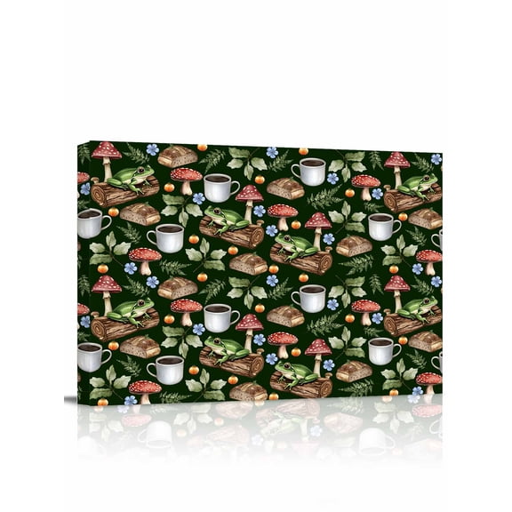 Mushroom Frog Wall Art for Living Room,Canvas Picture Wall Decor for Bathroom Bedroom,Coffee Bread Dark Green Background Painting Artwork for Office Kitchen Hallway Dining Room Home Decor 12"x16"
