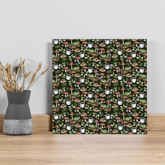 Mushroom Frog Wall Art Painting on Canvas, Coffee Bread Dark Green Background Canvas Art Home Prints Wall Art Framed Modern Artwork for Living Room Bedroom Wall Decor 8x8in