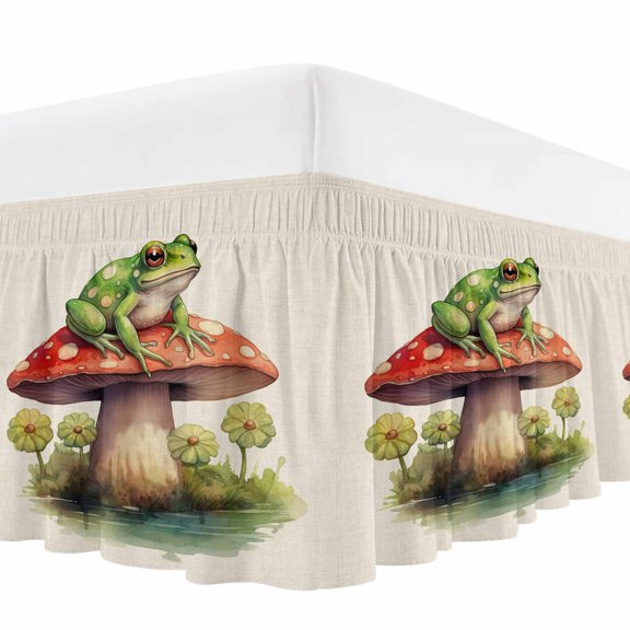 Mushroom Frogs Bed Skirt Queen Size, Spring Floral Green Botanical Rustic Wrap Around Bed Skirting with Adjustable Elastic Strap, Dust Ruffle Pleated Bedskirts 16 Inch Drop for Bedroom Queen Beds