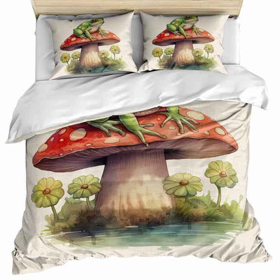 Mushroom Frogs Bedding 3 Piece Duvet Cover Set California King, Spring Floral Green Botanical Rustic Soft Microfiber Comforter Cover with Zipper Closure & Pillowcases, FadeResistant Quilt Cover