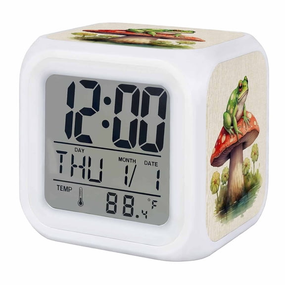 Mushroom Frogs Digital Alarm Clock for Bedrooms, Smart LED Alarm Clock with 7 Color Changing Night Light, Spring Floral Green Botanical Rustic Silent Wake Up Clocks for Sleep Study Cooking 3.2"x3.2"