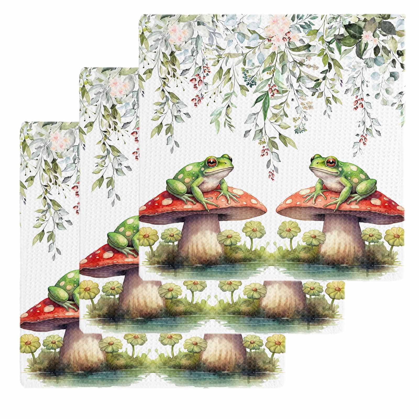 Mushroom Frogs Kitchen Dish Towels for Drying Dishes Set of 3, Spring Floral Summer Eucalyptus Leaves Waffle Weave Microfiber Hand Tea Bathroom Towels Quick Dry & Absorbent Towel 12x12