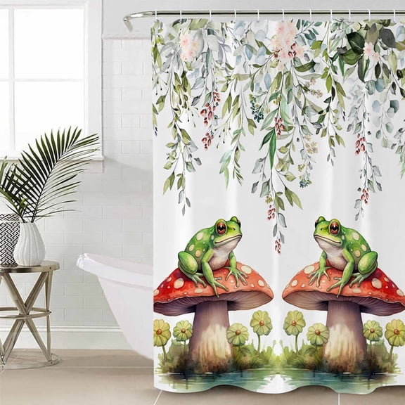 Mushroom Frogs Long Shower Curtain Set, Waterproof Shower Curtains for Bathroom, Spring Floral Summer Eucalyptus Leaves Washable Fabric Cloth Bath Curtain for Bathtub with Hooks 72x84 Inches
