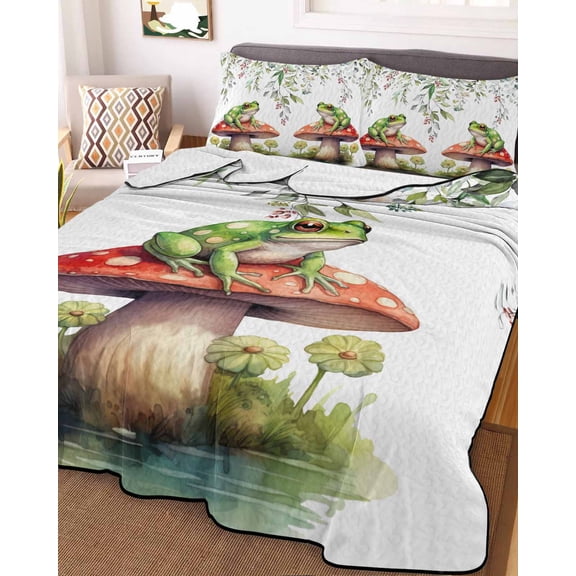 Mushroom Frogs Queen Size Down Alternative Comforter, Lightweight Comforter Quilt Bedding Set with Pillow Shams Spring Floral Summer Eucalyptus Leaves All Seasons Bed Comforter Duvet Insert 90"x96"