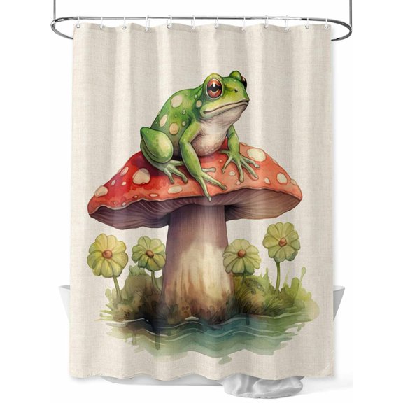 Mushroom Frogs Standard Shower Curtain Set, Waterproof Shower Curtains for Bathroom, Spring Floral Green Botanical Rustic Washable Fabric Cloth Bath Curtain for Bathtub with Hooks 72x72 Inches