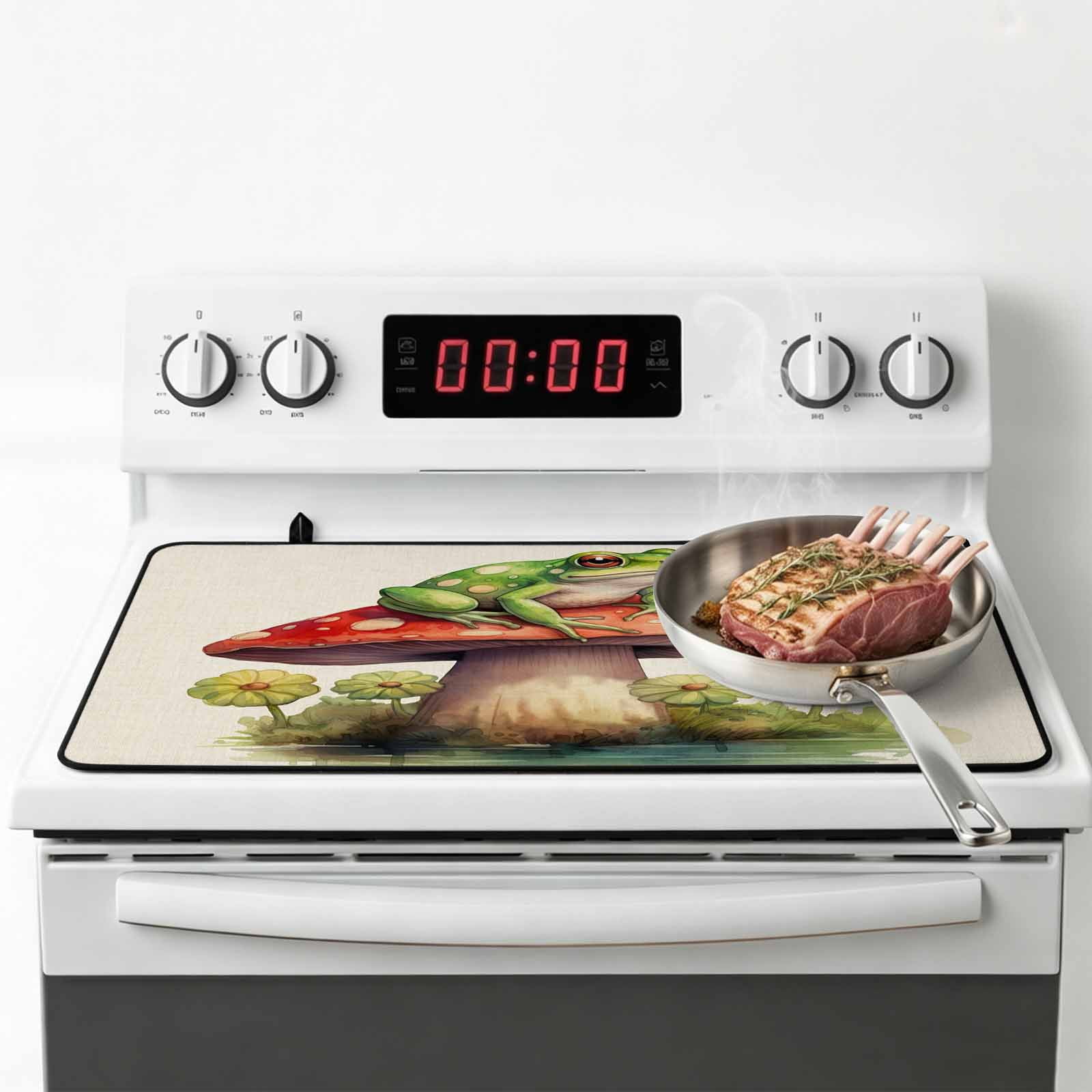 Mushroom Frogs Stove Top Cover for Electric Stove, Heat-proof & Non Slip Glass Top Stove Cover Protector, Spring Floral Green Botanical Rustic Kitchen Flat Cooktop Rubber Mat 24x21 Inches