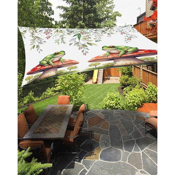 Mushroom Frogs Sun Sail Shades Rectangle Canopy,Sunlight Block Heavy Duty Curved Backyard Shade Cover,Spring Floral Summer Eucalyptus Leaves Waterproof Sun Shades for Patios Garden Pergola 14'x18'