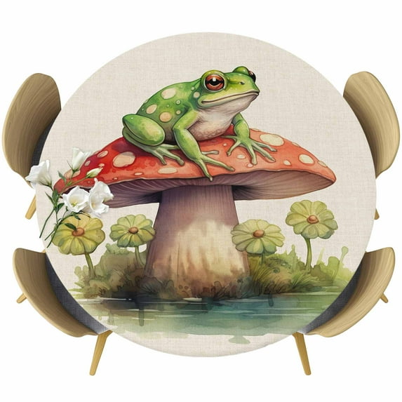 Mushroom Frogs Table Cloth, Round Fitted Tablecloths with Elastic Edge, Spring Floral Green Botanical Rustic Wipeable Waterproof Table Cover for Kitchen Wedding 45-54 Inches