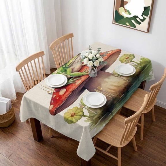 Mushroom Frogs Table Cloth Waterproof Tablecloths, Spring Floral Green Botanical Rustic Tablecloth Dining Table Cover for Kitchen Party Tabletop Outdoor, Rectangle Tablecloth 60x102 Inch