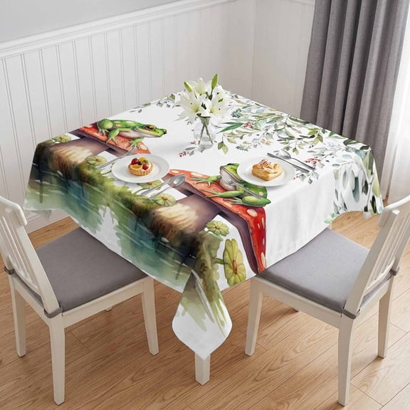 Mushroom Frogs Table Cloth Waterproof Tablecloths, Spring Floral Summer Eucalyptus Leaves Tablecloth Dining Table Cover for Kitchen Party Tabletop Outdoor, Square Tablecloth 60x60 Inch