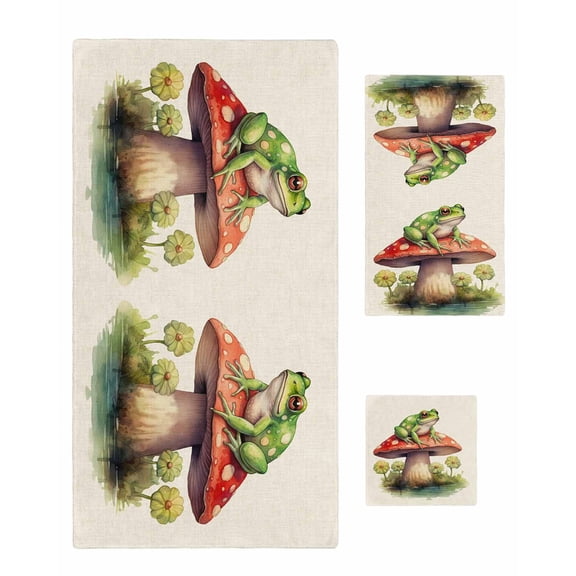 Mushroom Frogs Towel Set of 3, Soft Microfiber Bath Towels, Hand Towel, Washcloths, Spring Floral Green Botanical Rustic Quick-Dry Absorbent Towels for Bathroom Kitchen Hotel Beach Gym Spa