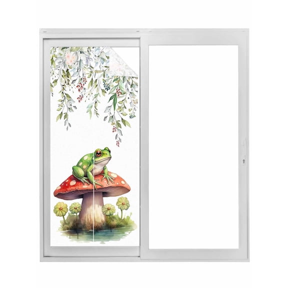 Mushroom Frogs Window Privacy Film, Spring Floral Summer Eucalyptus Leaves Static Cling UV Sun Blocking Tint Film Heat Control Windows Films for Bedroom Bathroom, Window Stickers 17.7"x39.3"