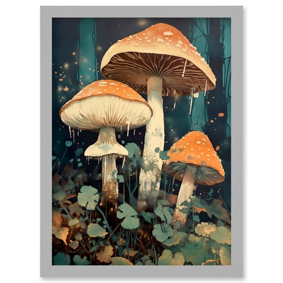 Mushroom Fungi Watercolour Painting Magical Forest Pastel Clover Field Kitchen Artwork Framed Wall Art Print A4