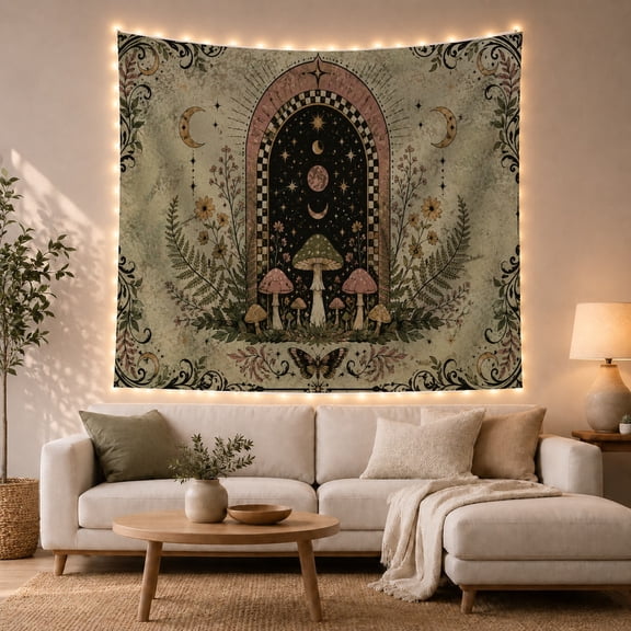 Mushroom Garden Beneath Starry Arch, Whimsical Folk Art for Cottagecore Fans, Woodland Botanical Decor, Housewarming Gift, Tapestry Wall Hanging for Bedroom and Reading Nook