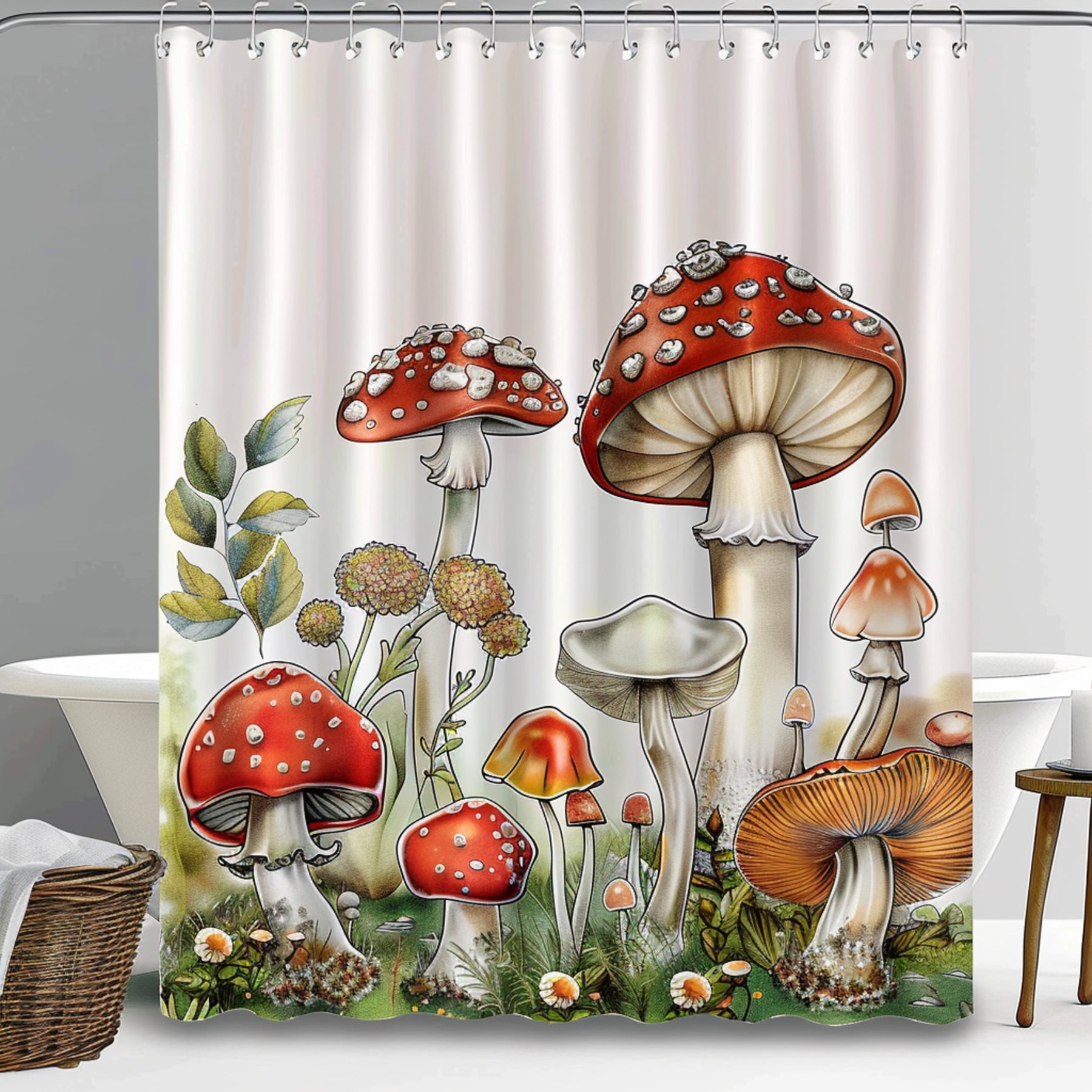 Mushroom Garden Cartoon Style Bathroom Curtain Hyper Realistic Shower
