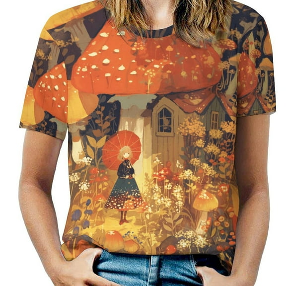 Mushroom Garden Fantasy Women's T-Shirt Short Sleeve T Shirts Tops Tee Ladies Loose T