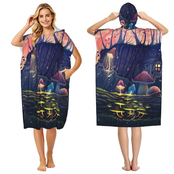 Mushroom Garden Wild Animals Magic Adult Hooded Beach Towel Changing Robe, Surf Poncho Towel for Surfing, Swimming, Camping