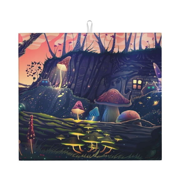 Mushroom Garden Wild Animals Magic Kitchen Drying Mat 18x16 Inch Ultra Absorbent Countertop Mat Foldable with Hanging Loop