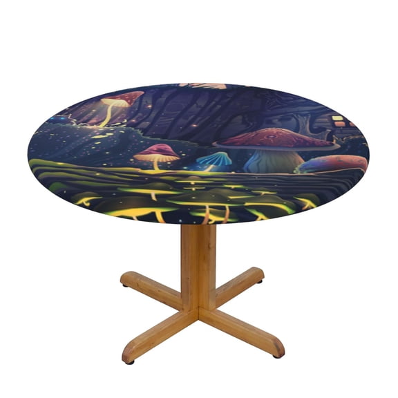 Mushroom Garden Wild Animals Magic Round Fitted Tablecloth Elastic Edged Table Cloth Waterproof Table Cover 48in