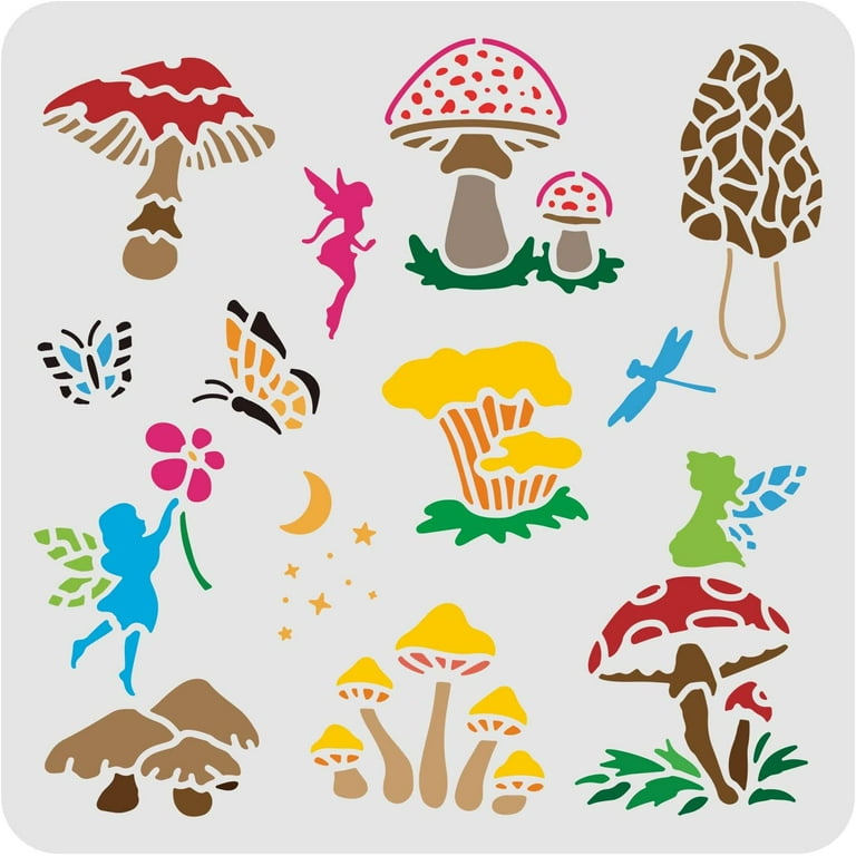 Mushroom Genie Drawing Painting Stencils Templates (11.8x11.8 inch) Plastic  Square Reusable Stencils for Painting on Wood Floor Tile Wall and Fabric 