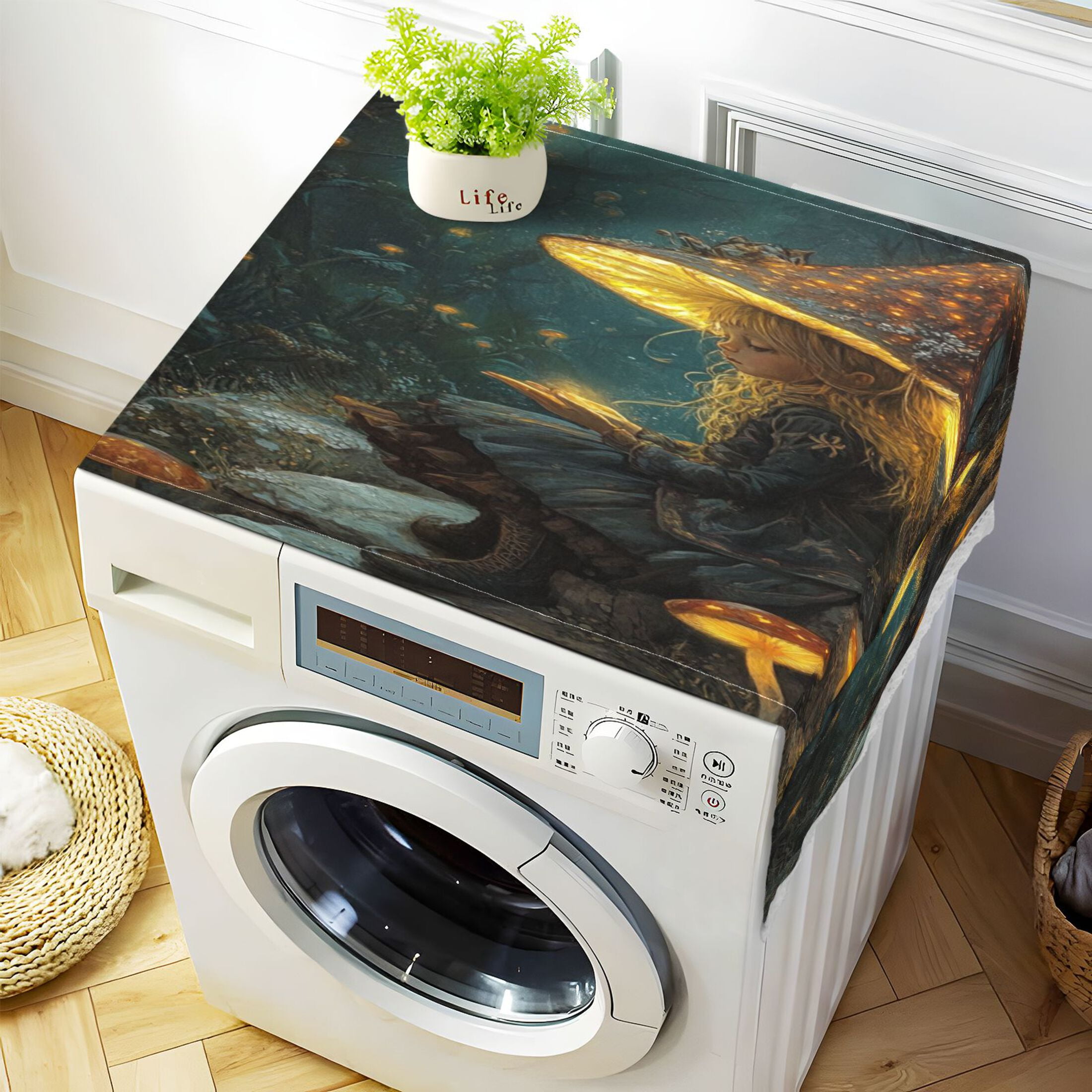 Mushroom GirlWasher and Dryer Covers Dust-Proof and Oil Resistant Fridge Cover with 4 Storage Pockets Washing Machine Top Cover for Laundry Kitchen Home 51.2 x 22 In