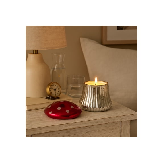 Whimsical Mushroom Glass Candle for Men and Women - Stylish Small Votive Candle Suitable for Indoor and Outdoor - Decorative Home Decor for Living Room, Bedroom, and Bathroom - 6", Pink & Silver