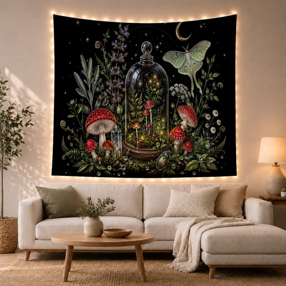 Mushroom Glass Dome Amid Crystals in a Night Garden, Mystical Fantasy for Nature Lovers, Botanical Art, Housewarming Gift, Tapestry Wall Hanging for Bedroom and Studio