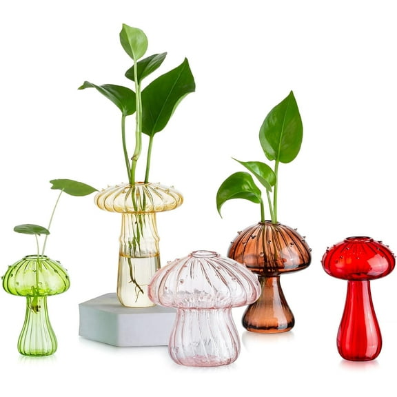 Mushroom Small Glass Vase, Set of 5 Colored Plant Propagation Station, Cute Hydroponic Plant Vase