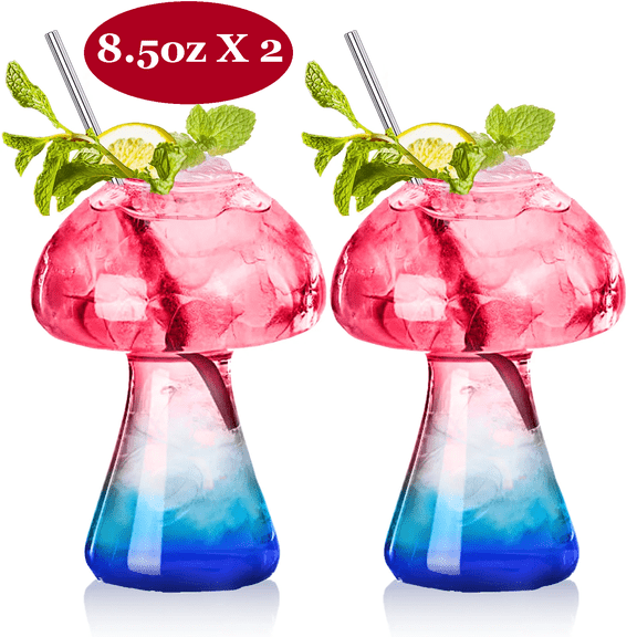 Mushroom Glasses Creative Mushroom Cocktail Glass Cup Set of 2 Clear Mushroom Shaped Drinks Cups 250ml Wine Glasses for Party Novelty Drinking for KTV Bar Club (Transparent)