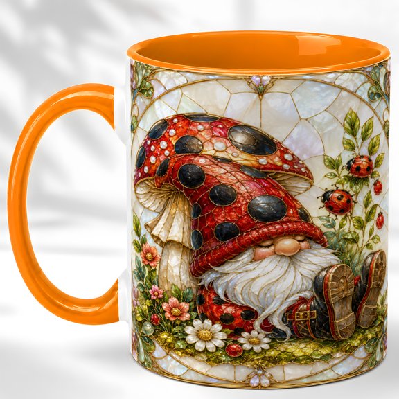 Mushroom Gnome Coffee Mug, Ladybug Garden Mug, Ceramic 11 oz