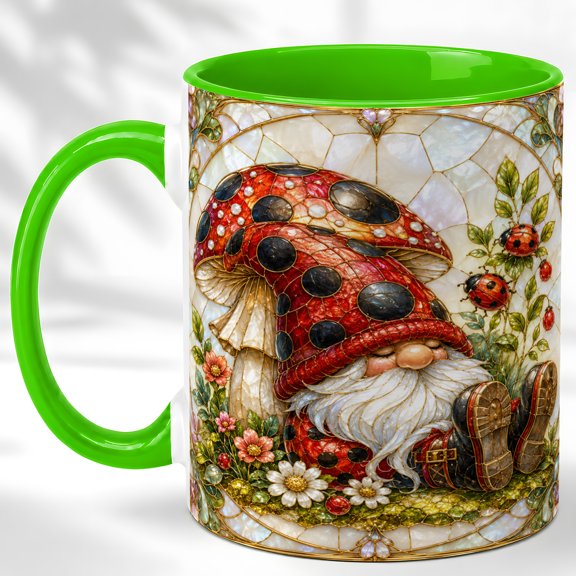 Mushroom Gnome Coffee Mug, Ladybug Garden Mug, Ceramic 11 oz