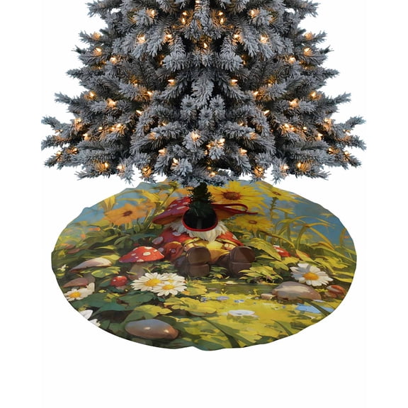 Mushroom Gnomes Christmas Tree Skirt 48 Inches Large Christmas Skirt Tree, Watercolor Summer Sunflowers Tree Skirt Christmas Decorations for Fireplace Party Holidays Indoor Outdoor