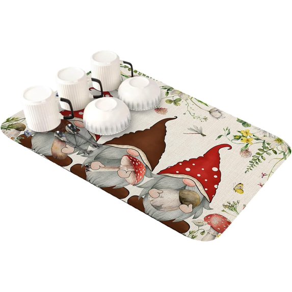 Mushroom Gnomes Dish Drying Mat for Kitchen Counter,Super Absorbent Quick Dry Coffee Bar Mat Pad Thin Diatomaceous Sink Mat Non Slip Dish Drainer Mat 16x18 Rustic Burlap Spring Floral Summer Botanical