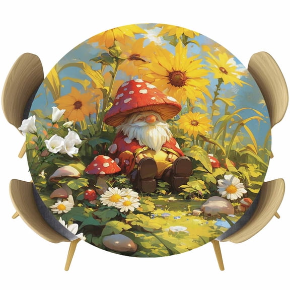 Mushroom Gnomes Round Tablecloth 36-44 Inch Round Fitted Table Cloth with Elastic Edge, Watercolor Summer Sunflowers Waterproof Table Cover Protector for Outdoor Picnic Party Dining