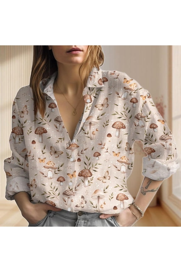Mushroom Goblincore Linen-Look Shirt, Nature Casual Shirt, Garden Blouse Women Shirt, Mushroom Collector Shirt, Button Down Shirt For Vacation