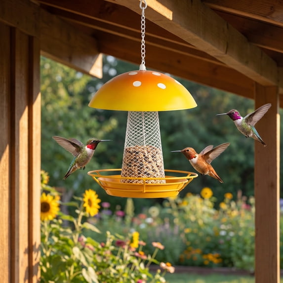 Mushroom Hanging Metal Mesh Bird Feeder 19.68IN Decorative Wild Bird Seed Feeder Weather Resistant Outdoor Garden Backyard Tree Hanging Ornament for Wildlife Watching
