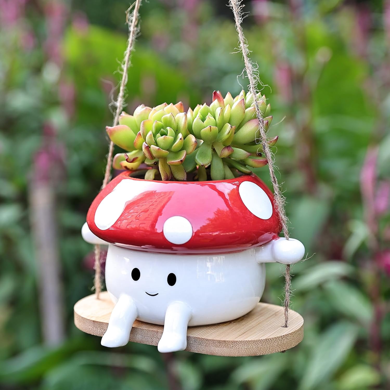 Mushroom Hanging Planter Pot, Cute Ceramic Swing Face Planter for Indoor & Outdoor, Unique Mushroom Planters for Succulents, String of Pearls Plant, Small Red & White