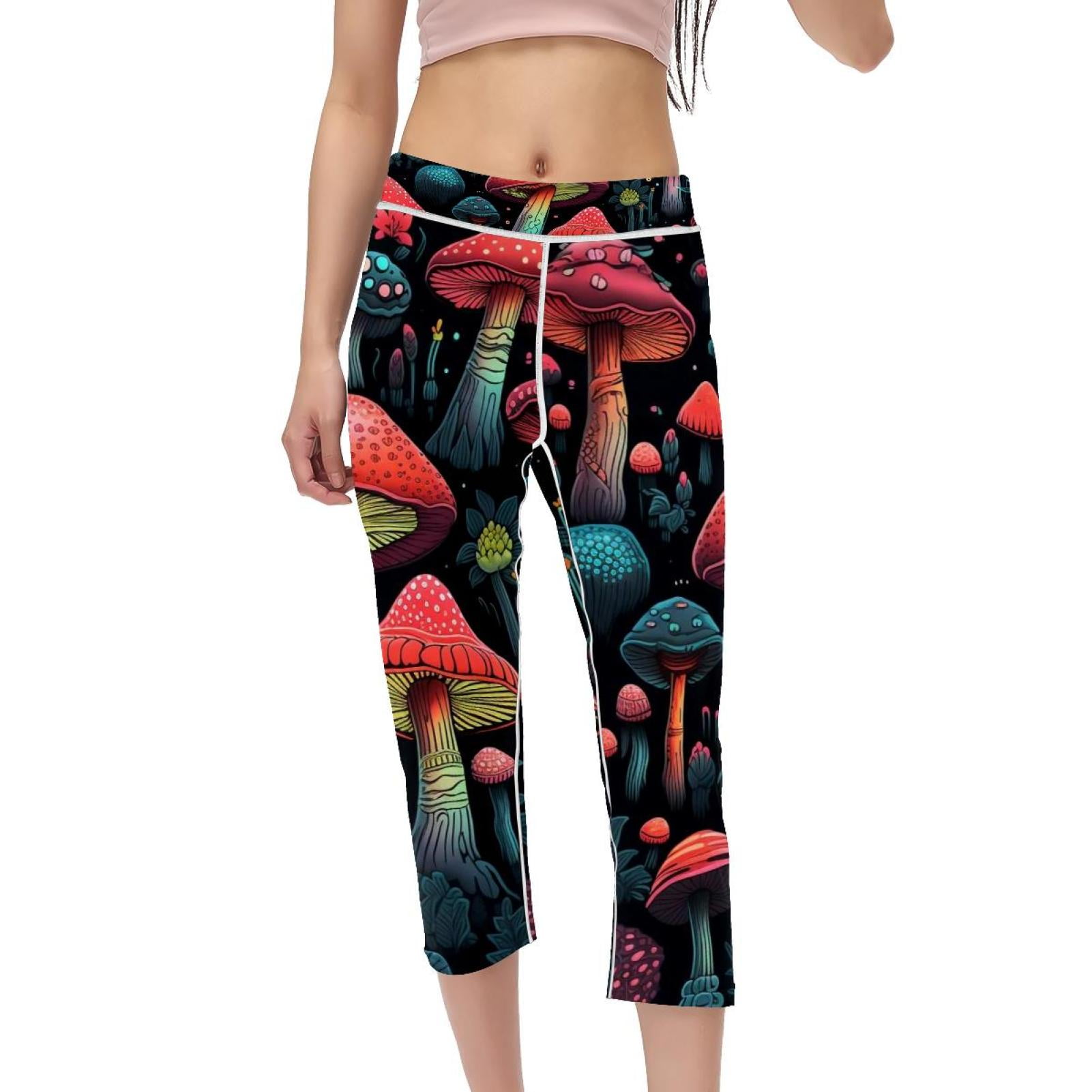 Mushroom High Waist Capris Women Leggings Yoga Pants Running Fitness Gym Printed Non SeeThrough