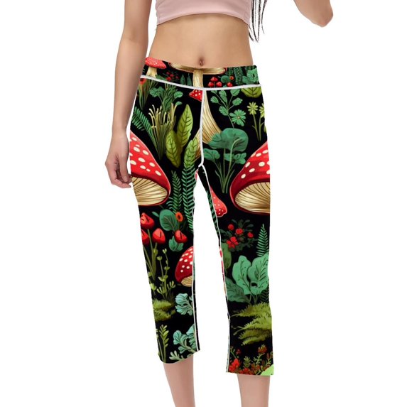 Mushroom High Waist Printed Gym Pants Capris - Not See-Through Leggings for Women, Suitable for Running, Fitness, Yoga