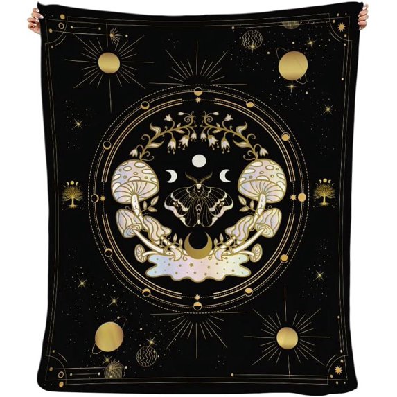 Mushroom Hippie Decor Fleece Blanket Fuzzy Soft Plush Gothic Moth Skull Sun Moon Blanket for All Season Throws for Home Couch Bed Sofa Livingroom Office 80x60in