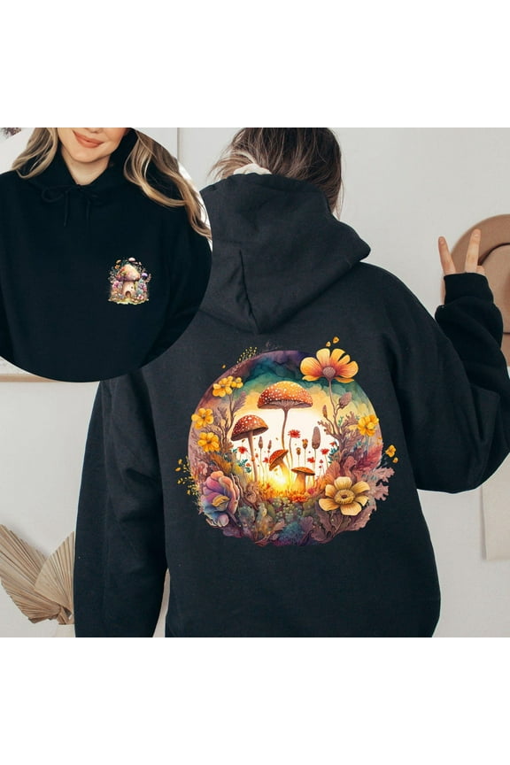 Mushroom Hoodie Cottage Core Clothing Cottagecore Alt Hoodie, Fairy Aesthetic Plants Shirt, Vintage Fairy Goblincore Fairy,Black color,size 2XL