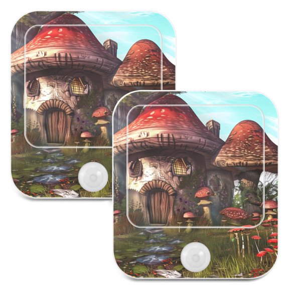 Mushroom House 2 Pack LED Motion Sensor Night Light Plug into Wall Auto Dusk to Dawn Adjustable Brightness for Kids Bedroom Hallway Nursery Room
