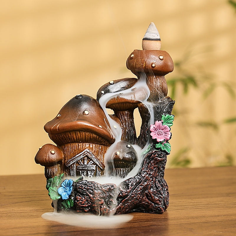 Mushroom House Backflow Censer Backflow Incense Burner Resin Mushroom House Incense Burner Mushroom Incense Holder Flowing Smoke Burner for Relax Desktop Ornament