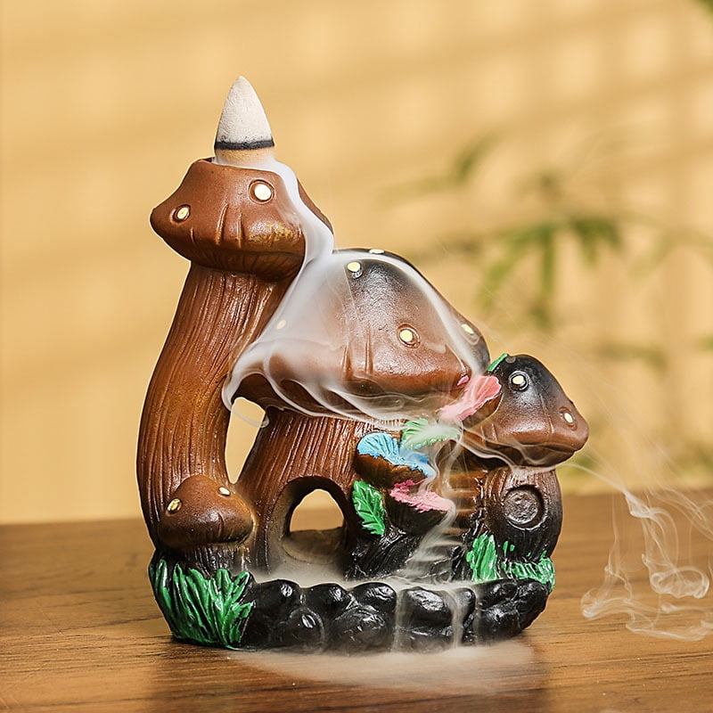 Mushroom House Backflow Censer Backflow Incense Burner Resin Mushroom House Incense Burner Mushroom Incense Holder Flowing Smoke Burner for Relax Desktop Ornament