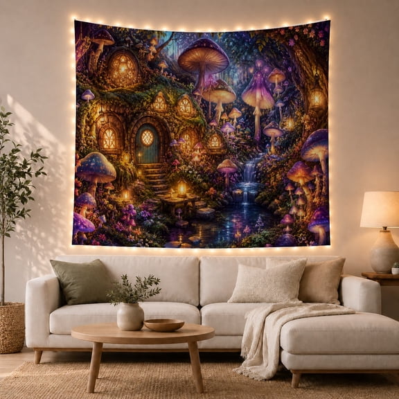 Mushroom House Beside Waterfall and Glowing Fungi, Cozy Fantasy for Mushroom Lovers, Mushroom Wall Decor, Housewarming Gift, Tapestry Wall Hanging for Bedroom and Dorm